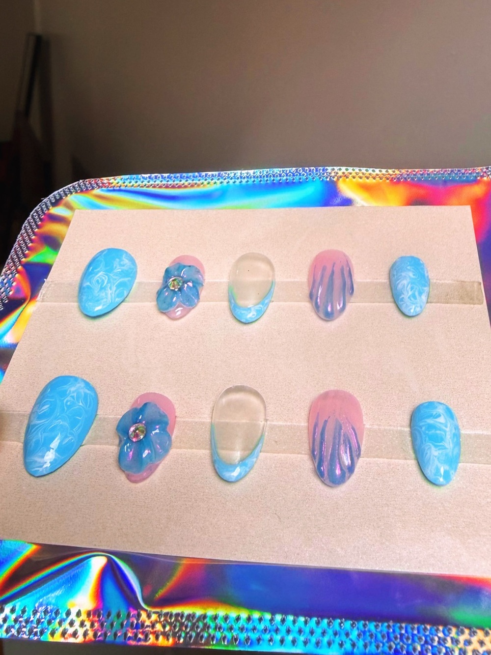Baby Blue Press-On Nail Set with Floral Accent